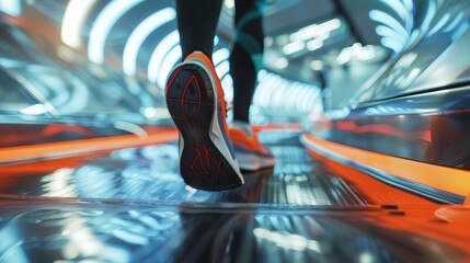 Hightech magnetic shoes on a vertical race track, front view  Racers climbing a vertical loop vertical racing  technology tone  Tetradic color scheme