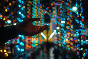 Hand holding a glowing DNA model against a backdrop of colorful lights, representing the fusion of genetics and modern digital art