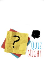 Vertical Colorful Trivia Night poster: A yellow sticky note with a black question mark is set against a white background, next to the words "Quiz Night" and a copy space to write your text