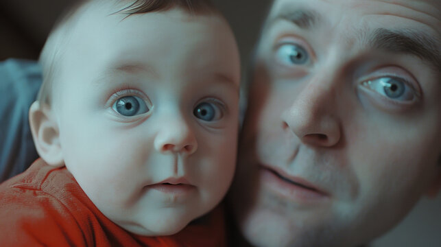 A man standing while cradling a baby in his arms