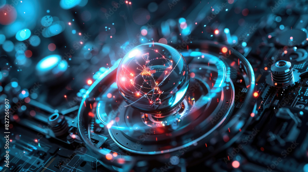 Poster detailed view of a computer motherboard featuring blue and red lights illuminating various component