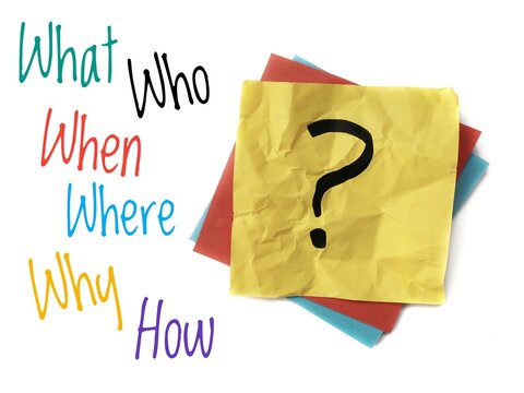 Colorful poster for The Five Ws and H: why, when, who, where, what and how questions next to a yellow sticky note with a black question mark on a white background. 6ws or Six honest-serving men