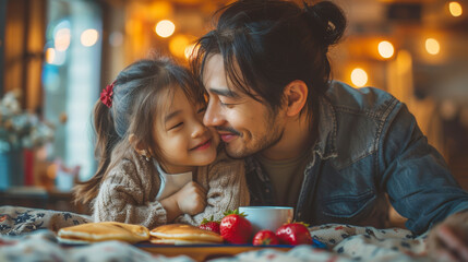 fathers day breakfast, for fathers day, an asian daughter lovingly surprises her dad with breakfast in bed fluffy pancakes, fresh fruits, coffee, and a heartfelt handmade card