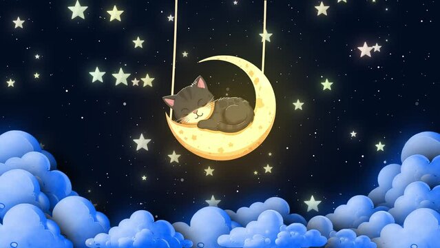 Cartoon Children Animation Animal Dreaming Concept Twinkle Stars Night, Beautiful Cuter Baby Cat Sleeping On Moon And Clouds Are Moving In The Sky Cartoon Animation Kids Background. Animal Sleeping On