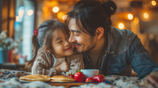 fathers day breakfast, for fathers day, an asian daughter lovingly surprises her dad with breakfast in bed fluffy pancakes, fresh fruits, coffee, and a heartfelt handmade card