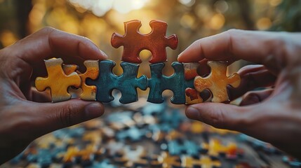An image of hands stacking puzzle pieces, symbolizing teamwork in business.