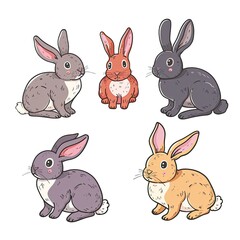 Cute illustration of five colorful cartoon rabbits in various poses, perfect for children's book or playful designs.