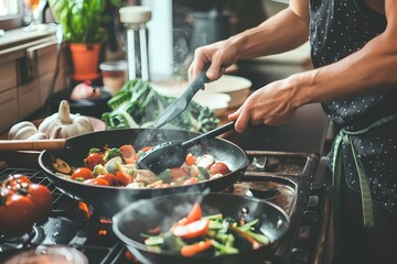 A person is cooking vegetables in a wok on a stove at home, depicting a concept of healthy eating. Ai generated