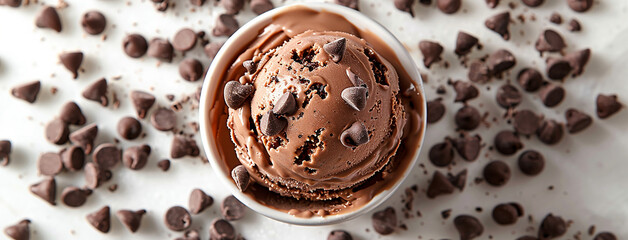 Wide banner photo of delicious scoop of brown color chocolate chips ice cream sorbet on an icecream cup with chocolate chips and powder around in white background