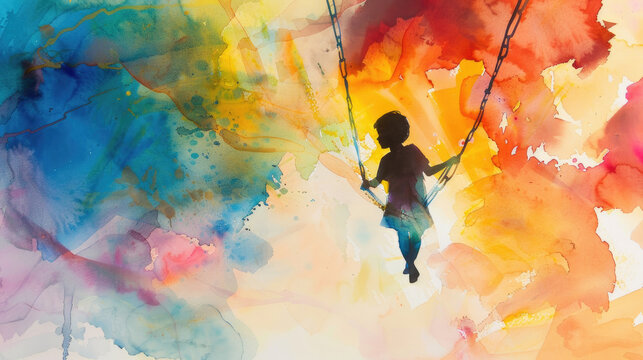A painting depicting a child joyfully swinging on a swing