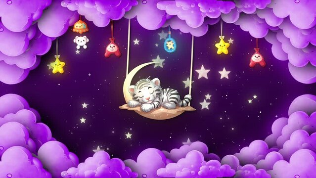 Baby Tiger Sleeping On Moon And  Clouds Cartoon Animation Kids Background. Animal Sleeping On The Clouds Cute Animals White Baby Tiger  Sleeping On Clouds At Starry Night. Twinkle Stars Night 