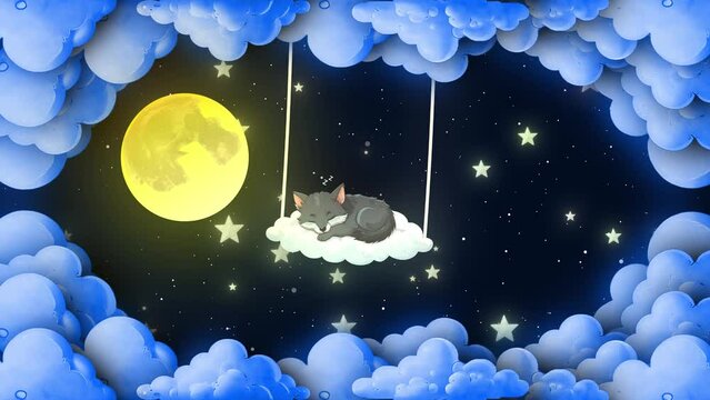 Cute Baby Fox Animal Sleeping And Deeming Cartoon Animation Background. Baby Fox Sleeping On The Clouds And Moving And Hanging. Bright Moon At The Nigh Starry Stars Moving And Fox Sleeping