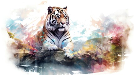 A watercolor painting of a tiger sitting on a rock in front of a colorful mountain landscape
