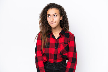 Young Arab woman isolated on white background having doubts while looking up