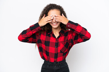 Young Arab woman isolated on white background covering eyes by hands and smiling