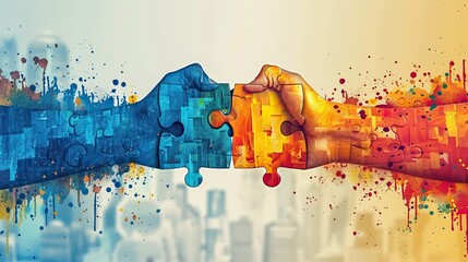 An illustration of two hands connecting like puzzle pieces, symbolizing perfect business fit.