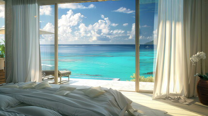 Fototapeta premium Luxurious bright bedroom overlooking the blue ocean