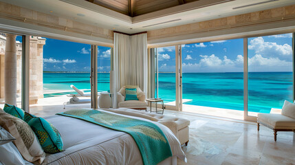 Fototapeta premium Luxurious bright bedroom overlooking the blue ocean