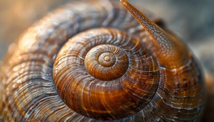 A macro image of a snail shell spiral, highlighting the detailed texture and natural vortex design, knolling