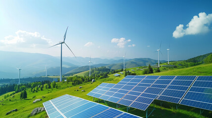 Sustainable Innovation: Solar Panels and Wind Turbines in Green Landscape