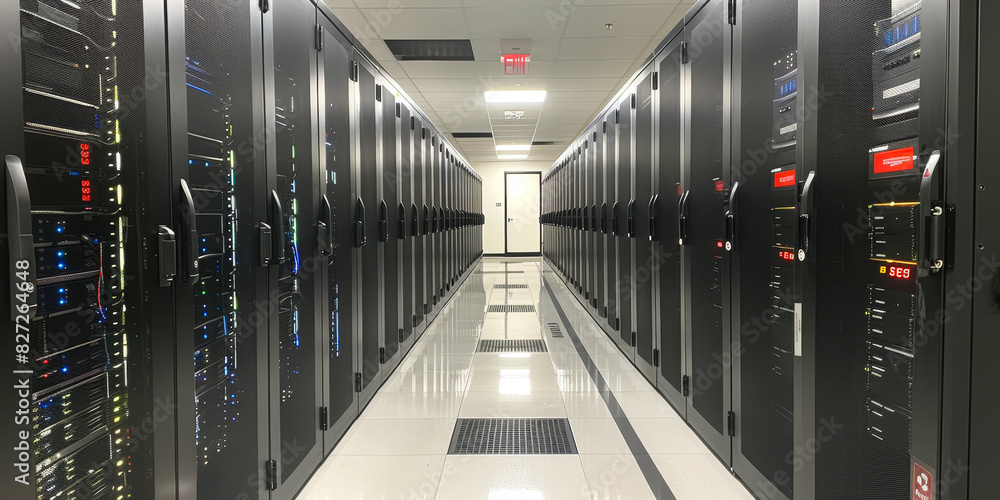 Poster state-of-the-art compact data center: high-tech network and server equipment in a secure facility