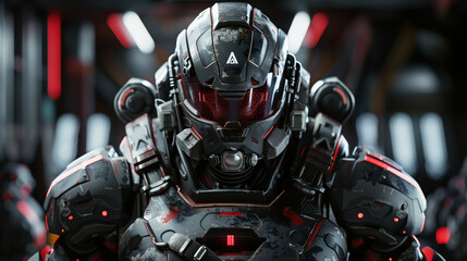 Fototapeta premium dark grey space soldier with red accents, red visor, in a spaceship, wide 16:9