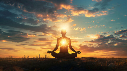 Man meditating at sunset, opening the chakras, practicing in the lotus position