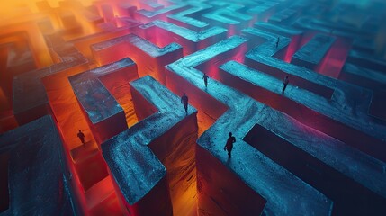 A conceptual artwork of a team navigating a maze, symbolizing solving complex business problems.