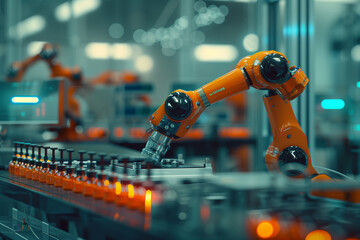 Industrial robotic arm handling products on assembly line.