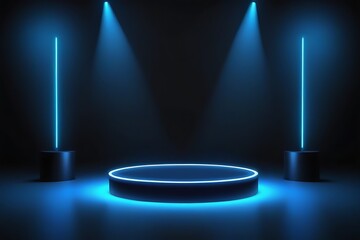 dark podium stage with blue neon decorations