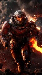 red space soldier with an orange visor with lava and smoke in the background, vertical 9:16