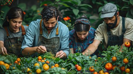 A painting of colleagues planting seeds in a garden, symbolizing planting ideas for future success.