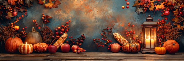 autumn harvest decor, thanksgiving table decor with lantern, candles, pumpkins, apples gourds on wooden background autumn harvest celebration theme