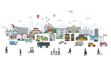 都市、地域、町並みと人々の風景イラスト
