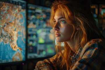 A focused woman working with GIS software on a computer, analyzing geographical data on multiple screens.