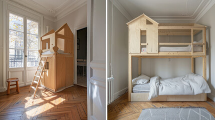 Before and after a renovation, a child's room with a wooden bunk bed was transformed. The old apartment had a door, and the new one has a parquet floor and a house-shaped bed for the child.