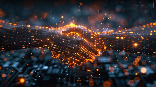 An illustration of a handshake with digital binary code, symbolizing tech collaborations.