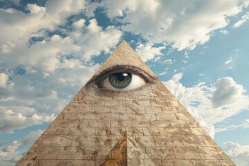 Mystical Pyramid with All-Seeing Eye Symbolism Against a Dramatic Sky, Generative AI