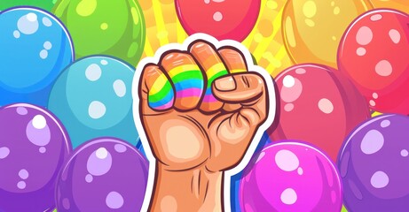 Vibrant Pride Celebration: Raised Fist Amid Rainbow Balloons, Symbol of LGBTQ Empowerment, Generative AI