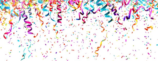 Colorful Confetti and Ribbons Falling on White Background for Festive Celebrations and Events - Generative AI