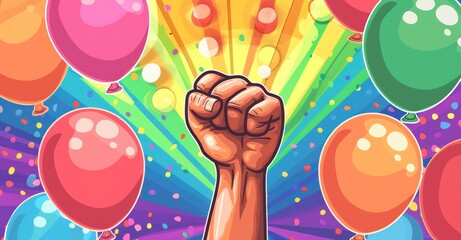 Vibrant Pride Celebration: Raised Fist Amid Rainbow Balloons, Symbol of LGBTQ Empowerment, Generative AI
