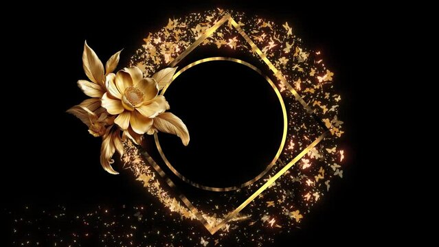 Abstract Luxury Photo Frame With Glitter Particle On Transparent Background. Ornaments Golden Luxury Frame With Golden Flower, Golden Frame With Golden Flower With Glitter Particle Animation.  Vintage