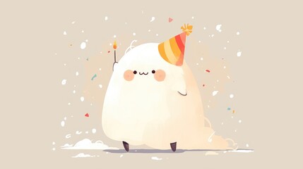 An adorable ghostly character sporting a festive birthday hat in a charming illustration design