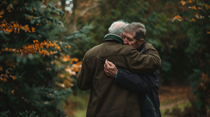Two men hug each other in a forest