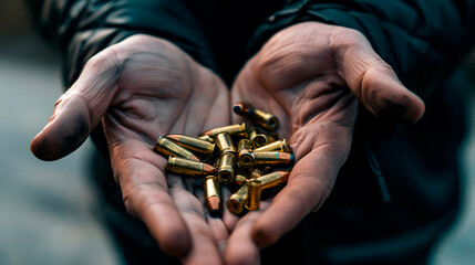 A person is holding a bunch of bullets in their hands