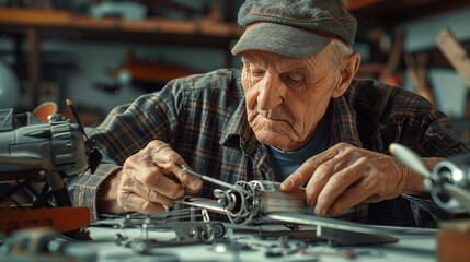 An old man is working on a model airplane - Powered by Adobe