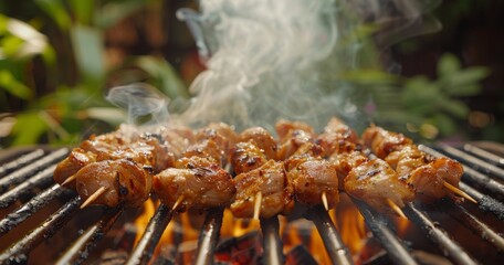 Close-up of sizzling chicken skewers over charcoal, highlighted by sunlight and smoke in a lush garden setting