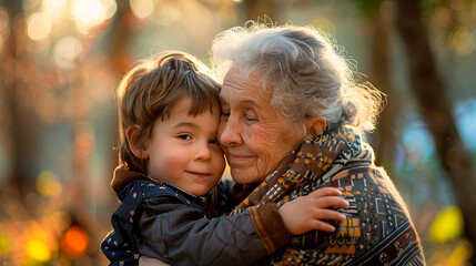 A young boy is hugging an older woman - Powered by Adobe