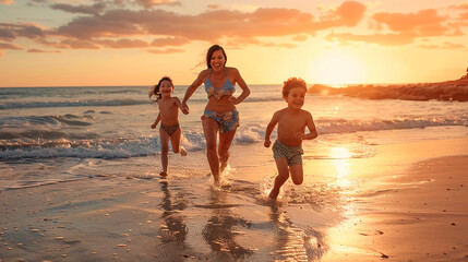 A woman and two children are running on the beach