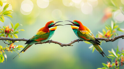 Two birds are perched on a branch, one of which is singing
